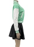 Fall Mint Green Patch Baseball Jacket and PU Leather Mini Skirt Set
