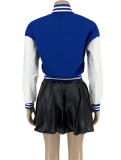 Fall Blue Patch Baseball Jacket and PU Leather Mini Skirt Set