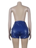 Winter Trendy Blue High Waist PU Leather Shorts