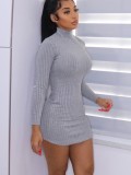Winter Sexy Gray High Neck Slim Knitted Mini Dress