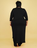 Fall Plus Size Solid Black Round Neck Split Long Top and Matched Two Piece Pants Set