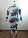 Fall Plus Size Multicolor Printed Full Sleeve Long Dress