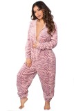 Winter Pink Stripes Zipper Sleeping Hoody Pajama Jumpsuit