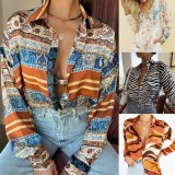 Fall Retro Printed Brown Button Up Long Sleeve Blouse