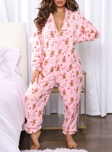 Winter Pink Zipper Sleeping Hoody Pajama Jumpsuit