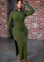 Herbst Sexy Baumwollmischung Grünes Slim Split Langes Kleid