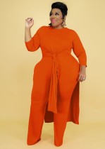 Autunno Plus Size Arancione tinta unita Girocollo con spacco lungo Top e pantaloni abbinati a due pezzi
