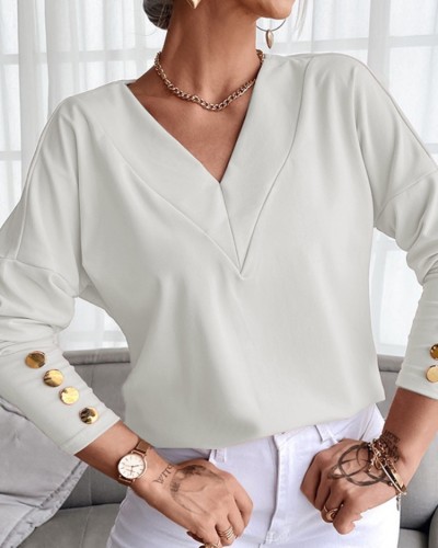 Fall Casual White V-neck Long Sleeve Top
