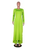 Fall Plus Size Solid Green Round Neck Split Long Top and Matched Two Piece Pants Set
