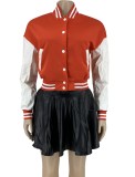 Fall Red Patch Baseball Jacket and PU Leather Mini Skirt Set