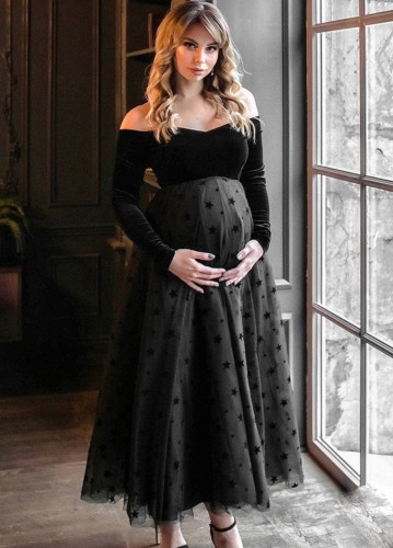 Otoño elegante vestido de fiesta de maternidad de malla con hombros descubiertos negro