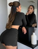 Fall Sexy Black Round Collar Cut Out Long Sleeve Crop Top And Shorts Two Piece Set