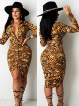 Herfst sexy midi-jurk met luipaardprint en open lange mouwen