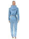 Winter Casual Blue Cropped Hoody Fleece Two Piece Sweatsuit