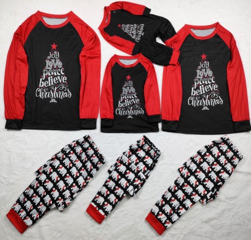 クリスマス女性黒コントラスト長袖トップスとプリントパンツパジャマツーピースセット