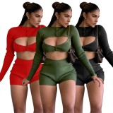Fall Sexy Black Round Collar Cut Out Long Sleeve Crop Top And Shorts Two Piece Set
