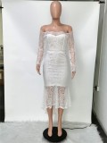 Fall Elegant White Lace Off Shoulder Long Sleeve Long Dress