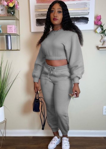 Winter Casual Grey  Round Neck Long Sleeve Crop Top And Pant Two Piece Set