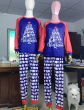 Christmas Children Blue Contrast Long Sleeve Top And Print Pant Pajama Two Piece Set