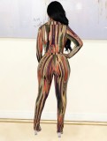 Fall Sexy Fashion Stripe Print Turndown Collar Long Sleeve Crop Top And Pant Two Piece Set