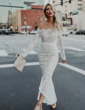Fall Elegant White Lace Off Shoulder Long Sleeve Long Dress
