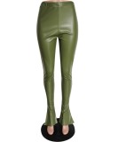 Winter Sexy Green Leather High Waist Slit Bottom Trousers