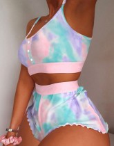 Summer Casual Print Elastic Band Vest And Shorts Two Piece Set