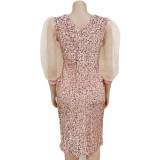 Fall Sexy Pink Cut Out Sequin With Mesh Puffed Sleeve Midi Dress