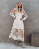 Fall Elegant White Lace High Collar Long Sleeve Long Dress
