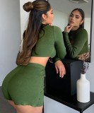 Fall Sexy Green Round Collar Cut Out Long Sleeve Crop Top And Shorts Two Piece Set