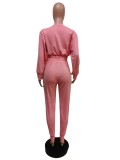 Winter Casual Pink Round Neck Long Sleeve Crop Top And Pant Two Piece Set