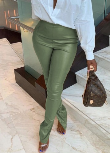 Winter Sexy Green Leather High Waist Slit Bottom Trousers