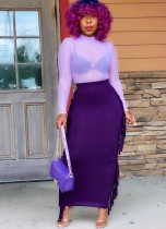 Fall Sexy Purple See Through Top de manga larga y falda larga con borlas Conjunto de dos piezas