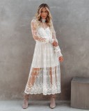 Fall Elegant White Lace High Collar Long Sleeve Long Dress