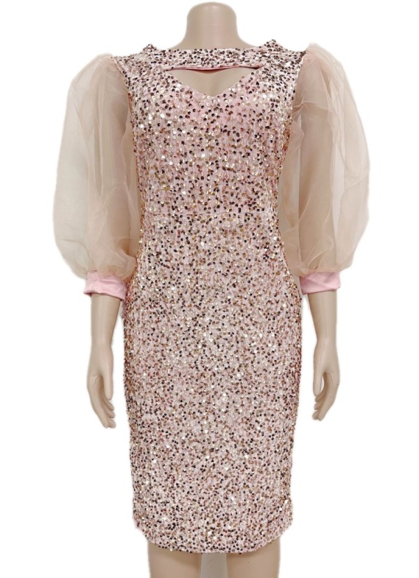 Fall Sexy Pink Cut Out Sequin With Mesh Puffed Sleeve Midi Dress
