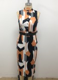 Summer Print Botton Up Sleeveless with Blet Midi Dress