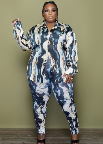 Autumn Blue Print Blouse and Pants Plus Size Two Piece Set