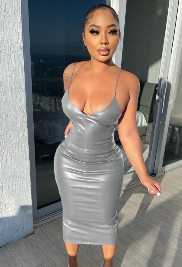 Winter Grey Leather Formal Strap Midi Party Dress