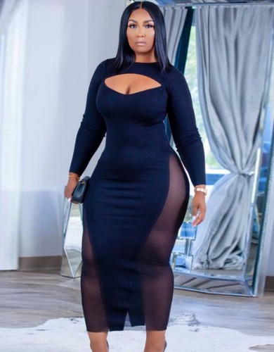 Winter Black Party Sexy Mesh Patch Cut Out Long Sleeves Plus Size Club Dress