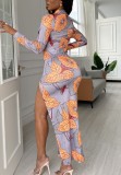 Autumn Floral Print Cut Out Side Slit Long Sleeves Evening Dress