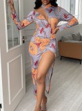 Autumn Floral Print Cut Out Side Slit Long Sleeves Evening Dress