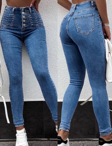 Winter Blue Beading High Waist Button Fly Fit Jeans