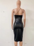 Winter Black Leather Formal Strap Midi Party Dress