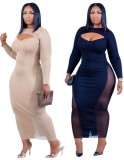 Winter Khaki Party Sexy Mesh Patch Cut Out Long Sleeves Plus Size Club Dress