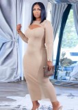 Winter Khaki Party Sexy Mesh Patch Cut Out Long Sleeves Plus Size Club Dress