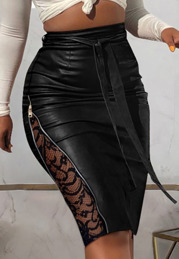 Winter Black Leather Lace Patch Zipper High Waist Knee-Length Skirt