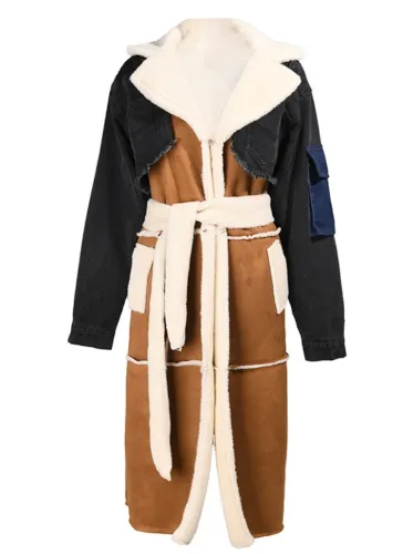 Winter Black Denim Patch Fleece Full Sleeves Thick Long Coat
