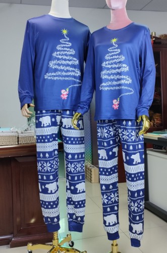 İki Parça Mavi Baskılı Noel Aile Pijama - Anne