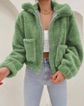 Abrigo de manga larga con cremallera de vellón de peluche verde de invierno