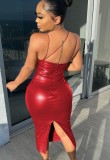 Winter Red Leather Formal Strap Midi Party Dress
